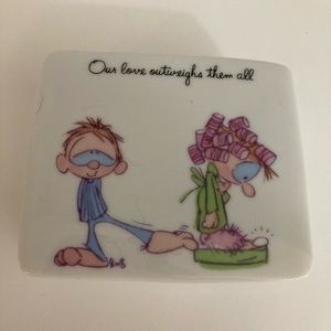 Vintage Enesco Jewelry Trinket Box, 4” Square, “Our Love Outweighs Them All”